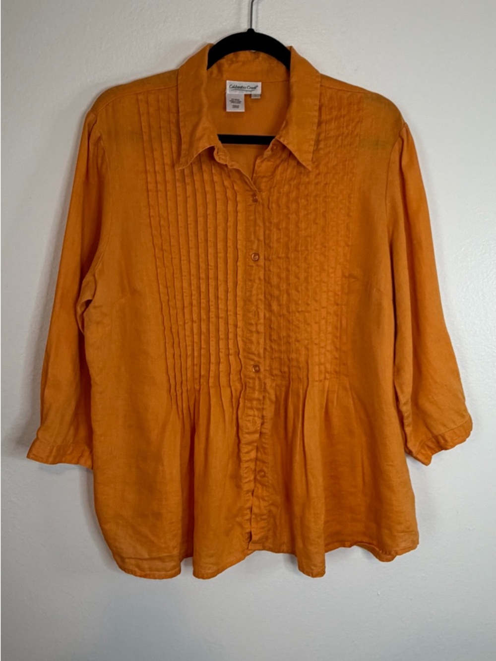 COLDWATER CREEK 100% Linen Pintuck Top Blouse  Orange 3/4 Sleeve Size Large